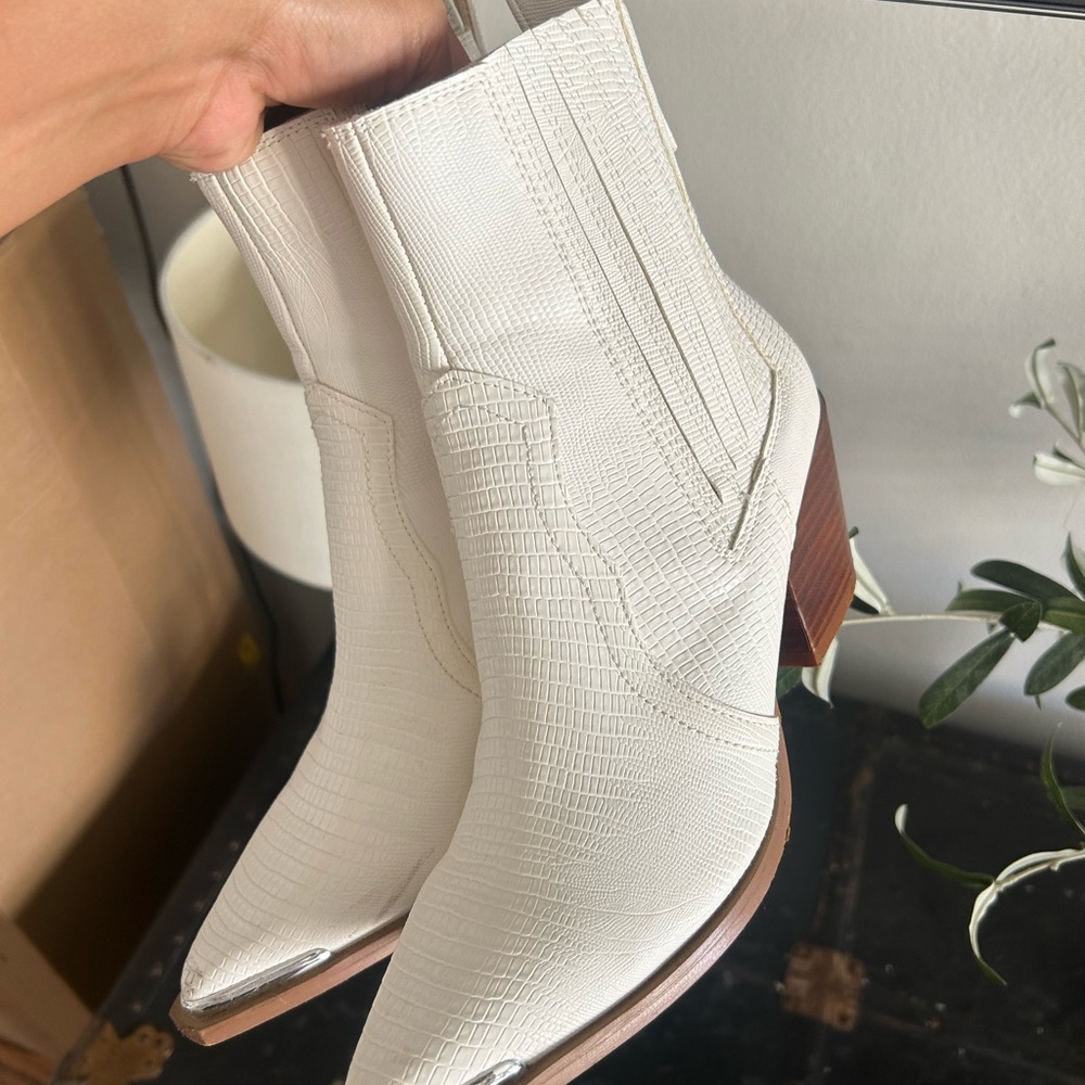 White Croc-Embossed Ankle Boots